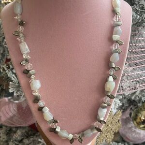 White Beaded Necklace with Leaf Charms
